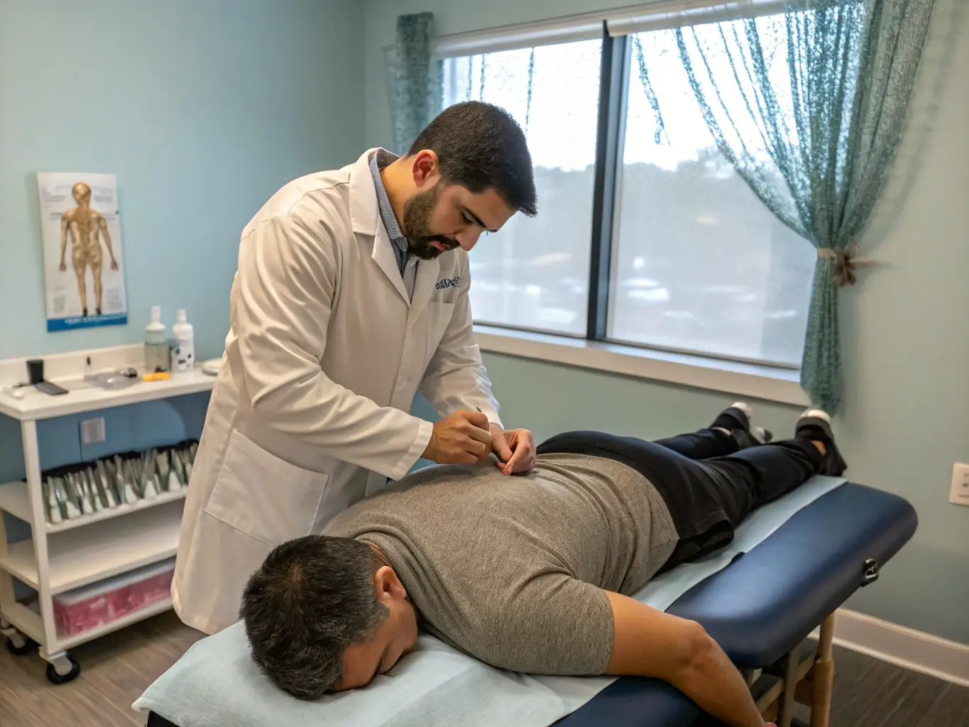 A focused image of a therapist performing dry needling on a patient's shoulder, highlighting the precision and targeted muscle relief.
