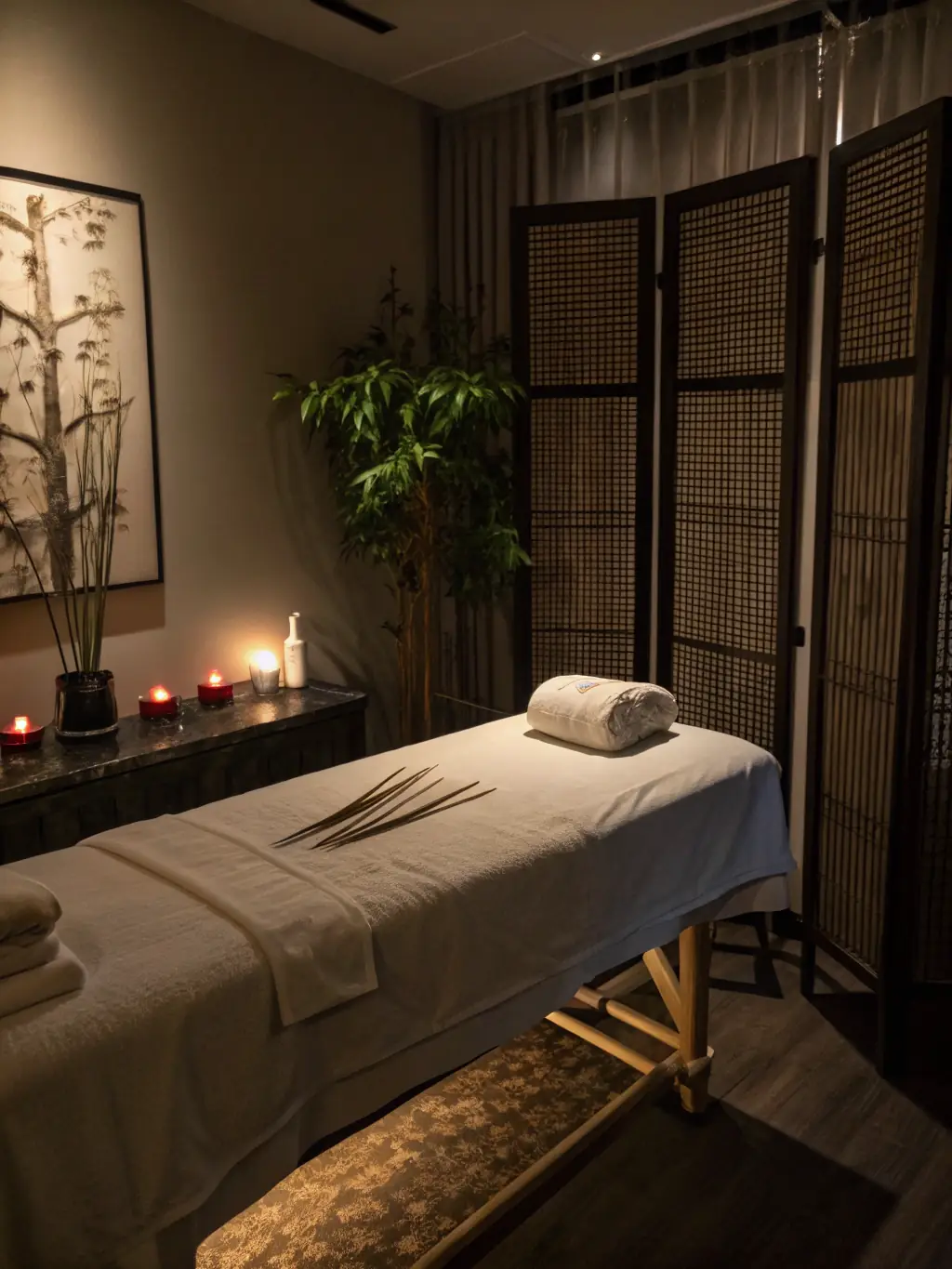 An acupuncturist gently placing needles on a patient's back, creating a serene and calming atmosphere.