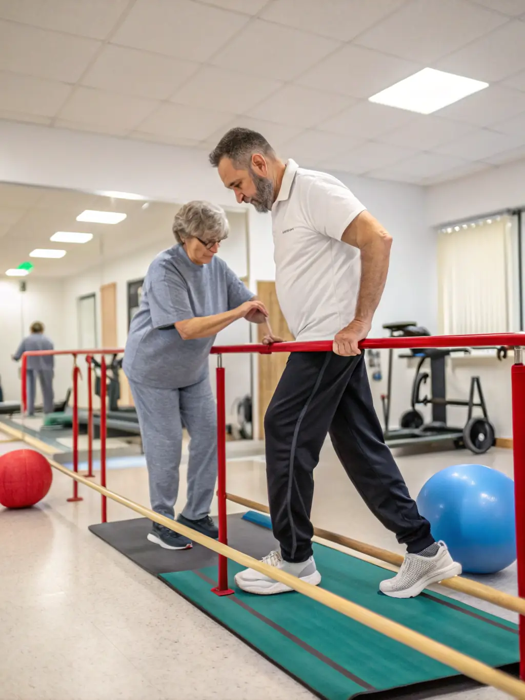 A physiotherapist assisting a patient with exercises to improve mobility, set in a modern clinic environment with natural light.