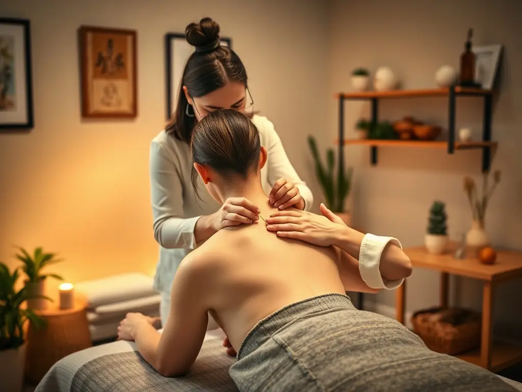 A serene image of an acupuncture session in progress, showing needles gently placed on a patient's back, promoting relaxation and healing.