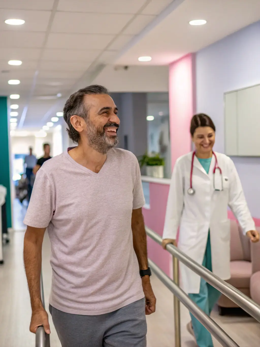 A patient smiling after a physiotherapy session, showcasing the positive outcomes and patient satisfaction at Serenity Clinic.